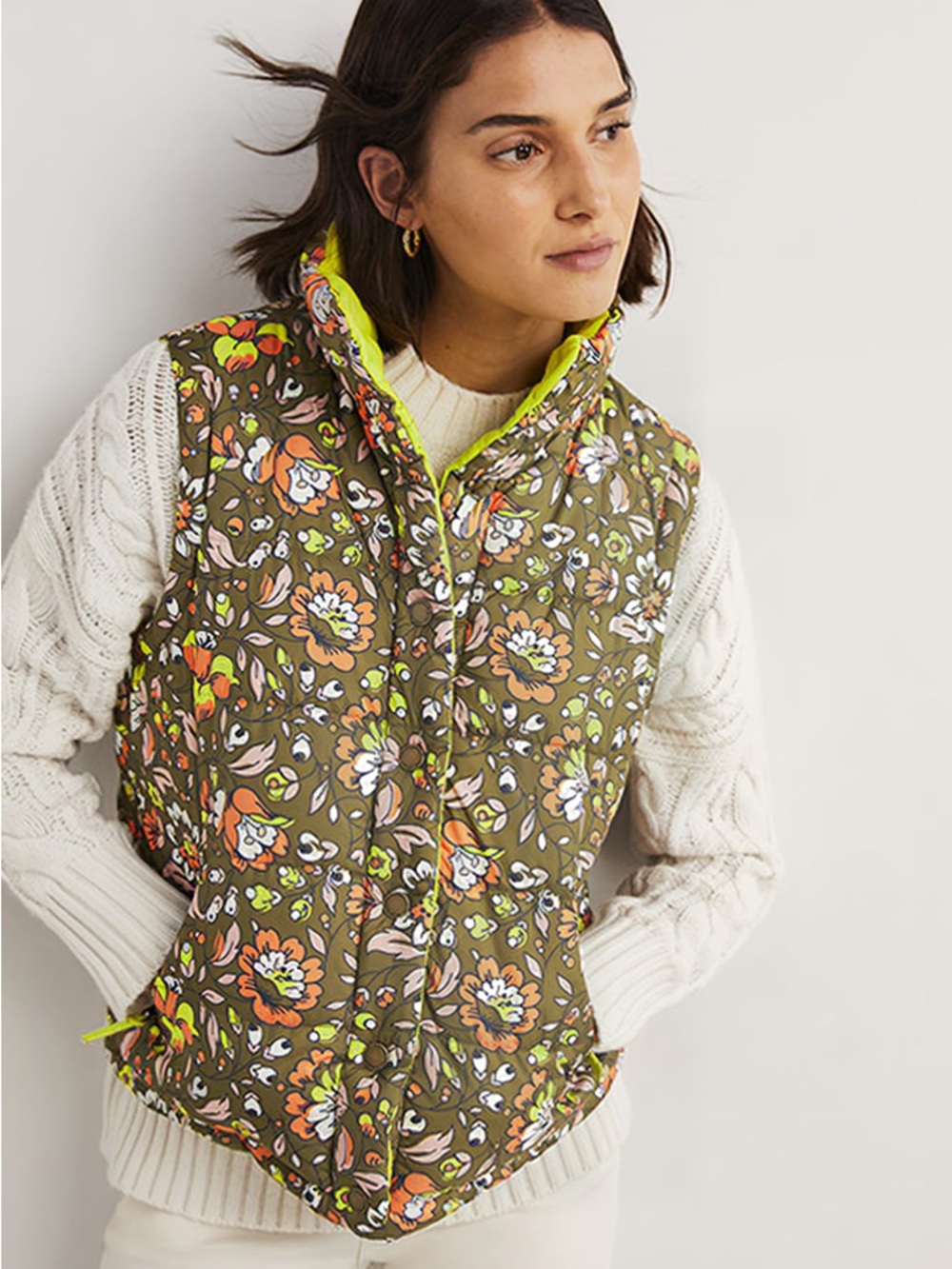 NWT Boden Reversible Puffer Vest Floral Khaki Neon Yellow - US 8 / Medium